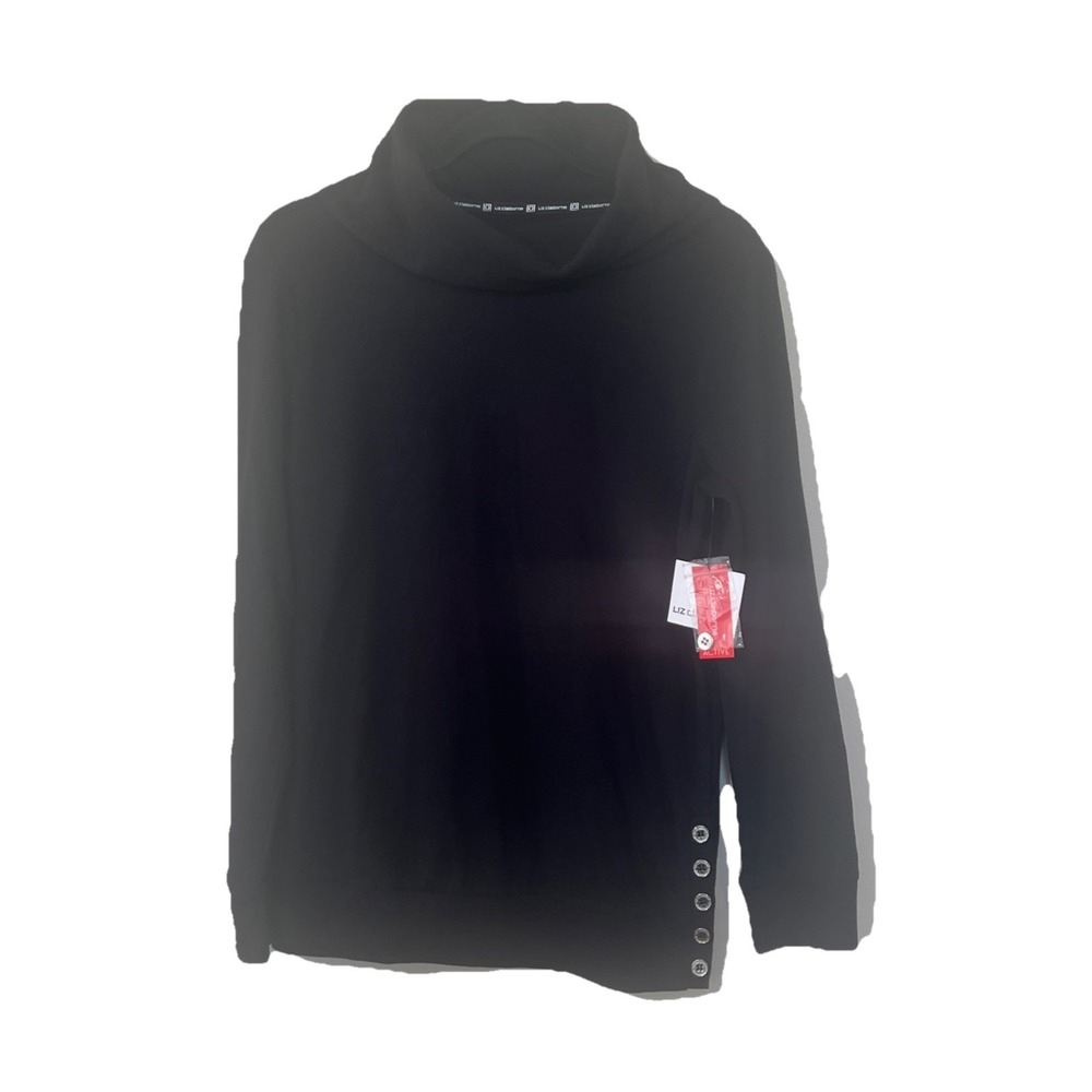 Liz Claiborne Active Turtleneck Top Women S Black Long Sleeve Button Detail New